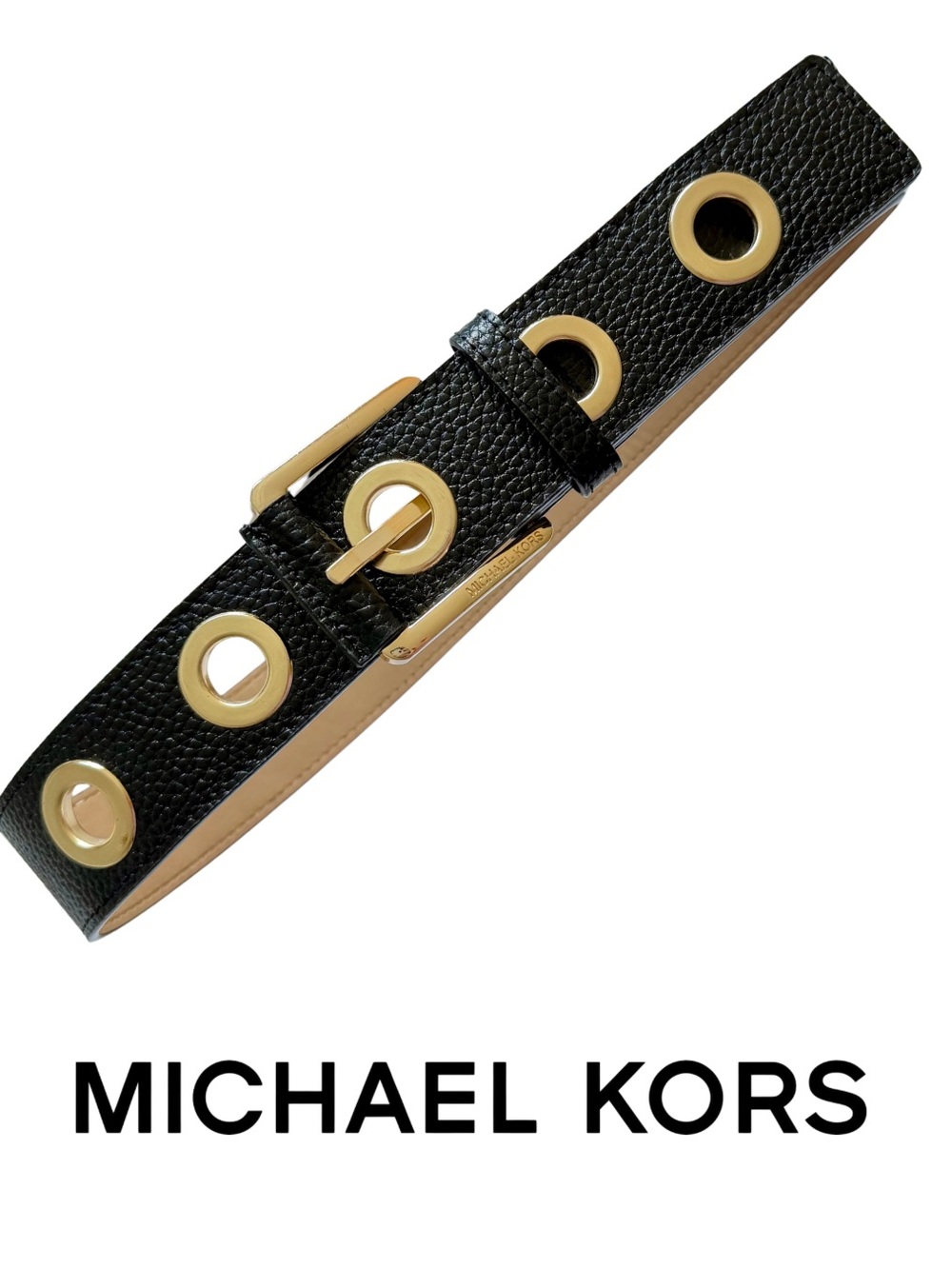 NWT - Michael Kors - Black Leather Grommet Belt with Gold Hardware, Size Small